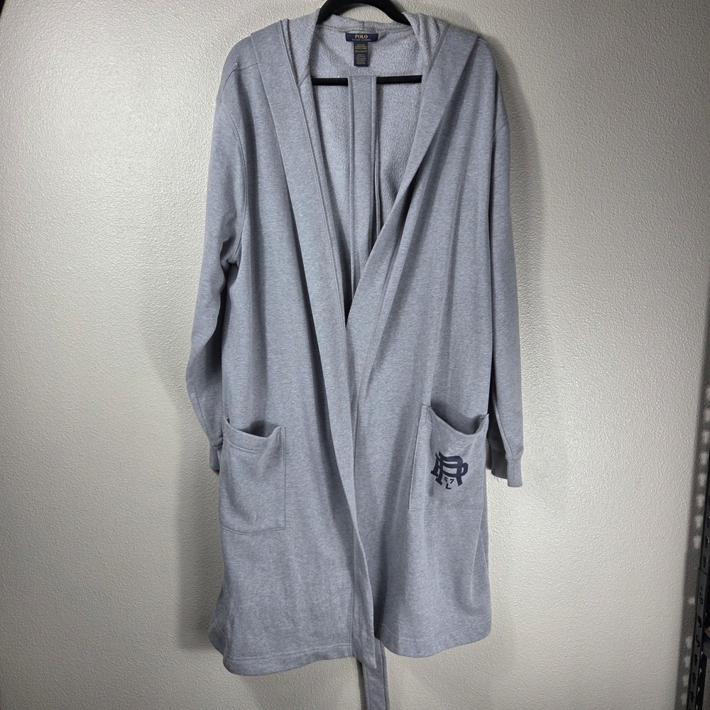 Polo Ralph Lauren Men's L/XL Gray Hooded Robe PRL 67 Belted Cotton Blend